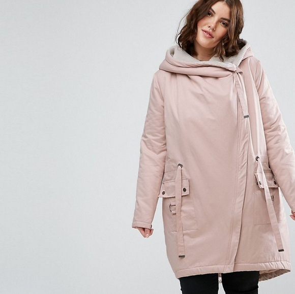 asos curve waterfall parka with fleece lining pink - Picture 1 of 6